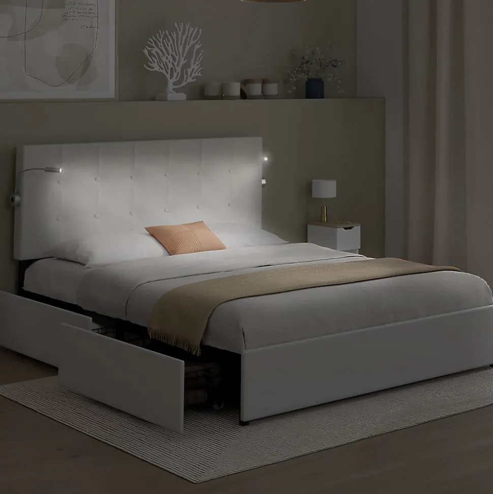 Lit double MAEL 140 x 190 cm avec tête de lit capitonnée PVC blanc liseuses intégrées et sommier et 2 tiroirs sur roulettes