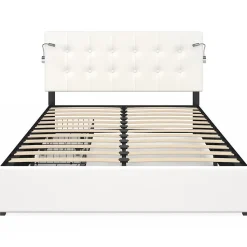 Lit double MAEL 140 x 190 cm avec tête de lit capitonnée PVC blanc liseuses intégrées et sommier et 2 tiroirs sur roulettes