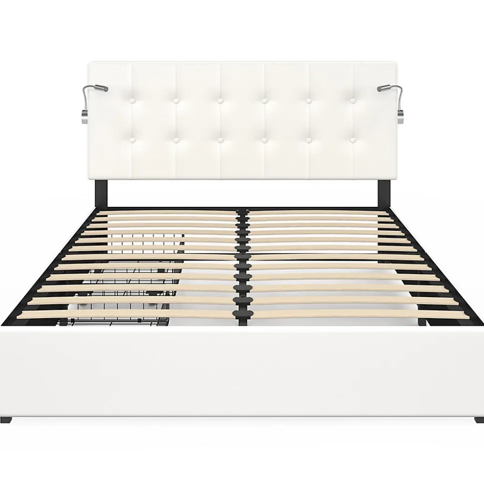 Lit double MAEL 140 x 190 cm avec tête de lit capitonnée PVC blanc liseuses intégrées et sommier et 2 tiroirs sur roulettes