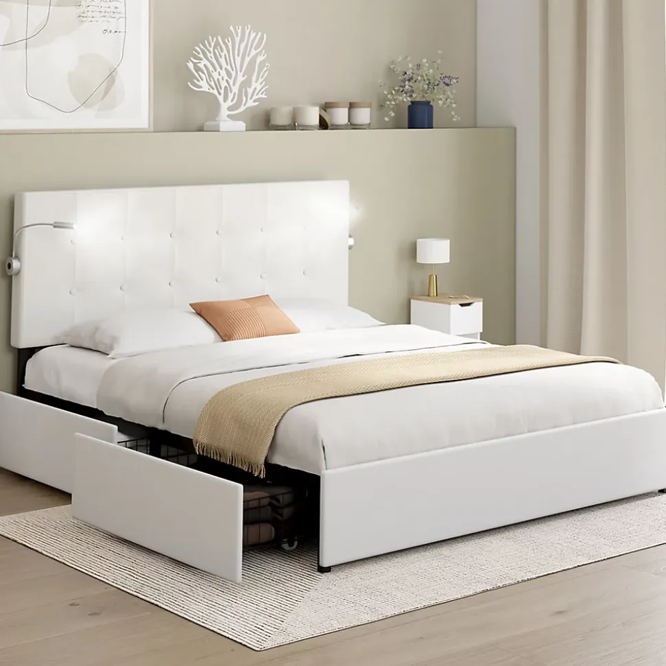 Lit double MAEL 140 x 190 cm avec tête de lit capitonnée PVC blanc liseuses intégrées et sommier et 2 tiroirs sur roulettes