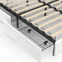 Lit double MAEL 140 x 190 cm avec tête de lit capitonnée PVC blanc liseuses intégrées et sommier et 2 tiroirs sur roulettes