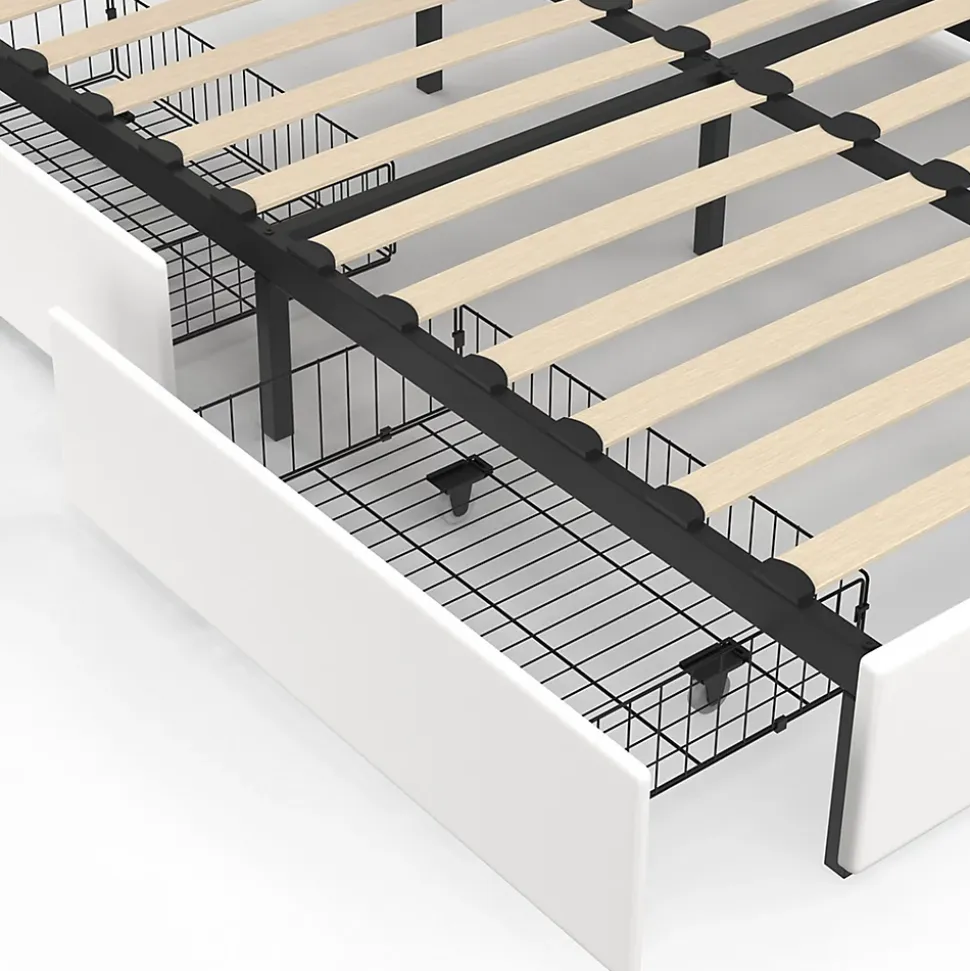 Lit double MAEL 140 x 190 cm avec tête de lit capitonnée PVC blanc liseuses intégrées et sommier et 2 tiroirs sur roulettes