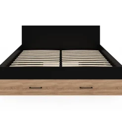 Lit double MINEA avec tiroirs + niches de rangement + tête de lit et sommier 140 x 190 cm façon hêtre et noir