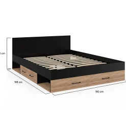 Lit double MINEA avec tiroirs + niches de rangement + tête de lit et sommier 140 x 190 cm façon hêtre et noir
