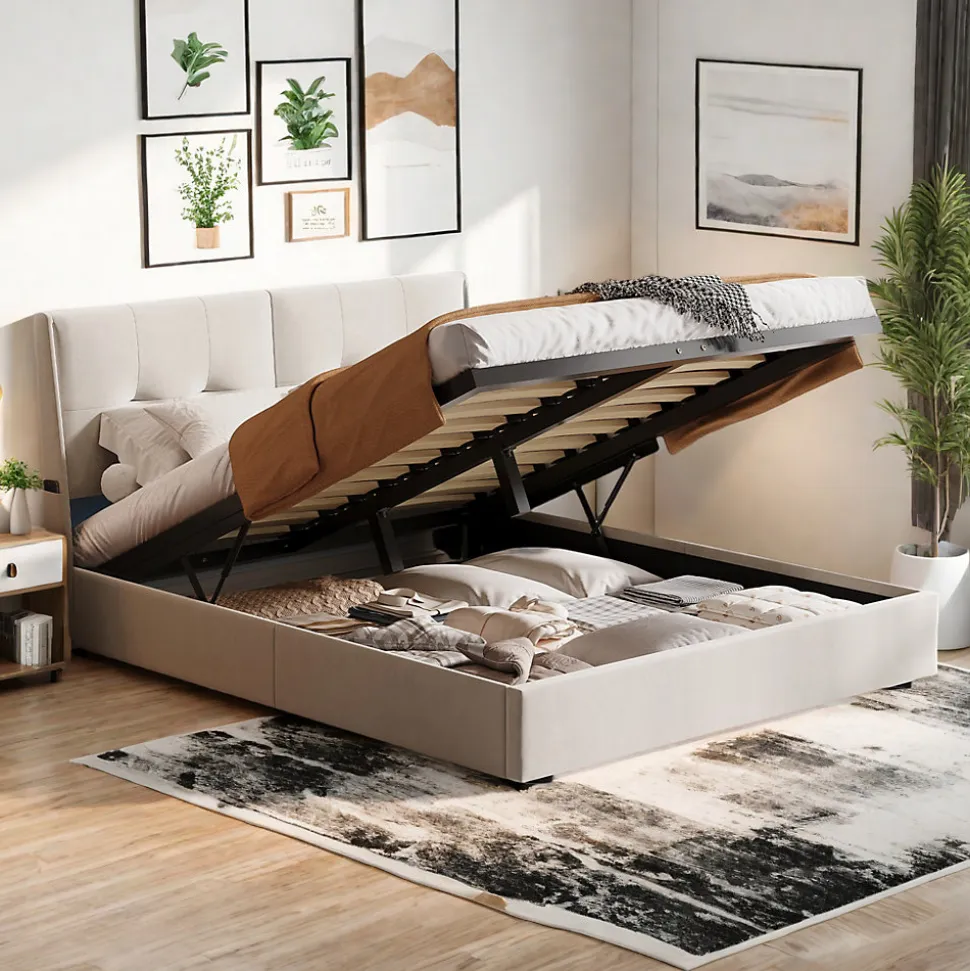 Lit double moderne 160x200 cm, tête de lit rembourrée, LED intégrées, rangement sous sommier, design minimaliste, beige.