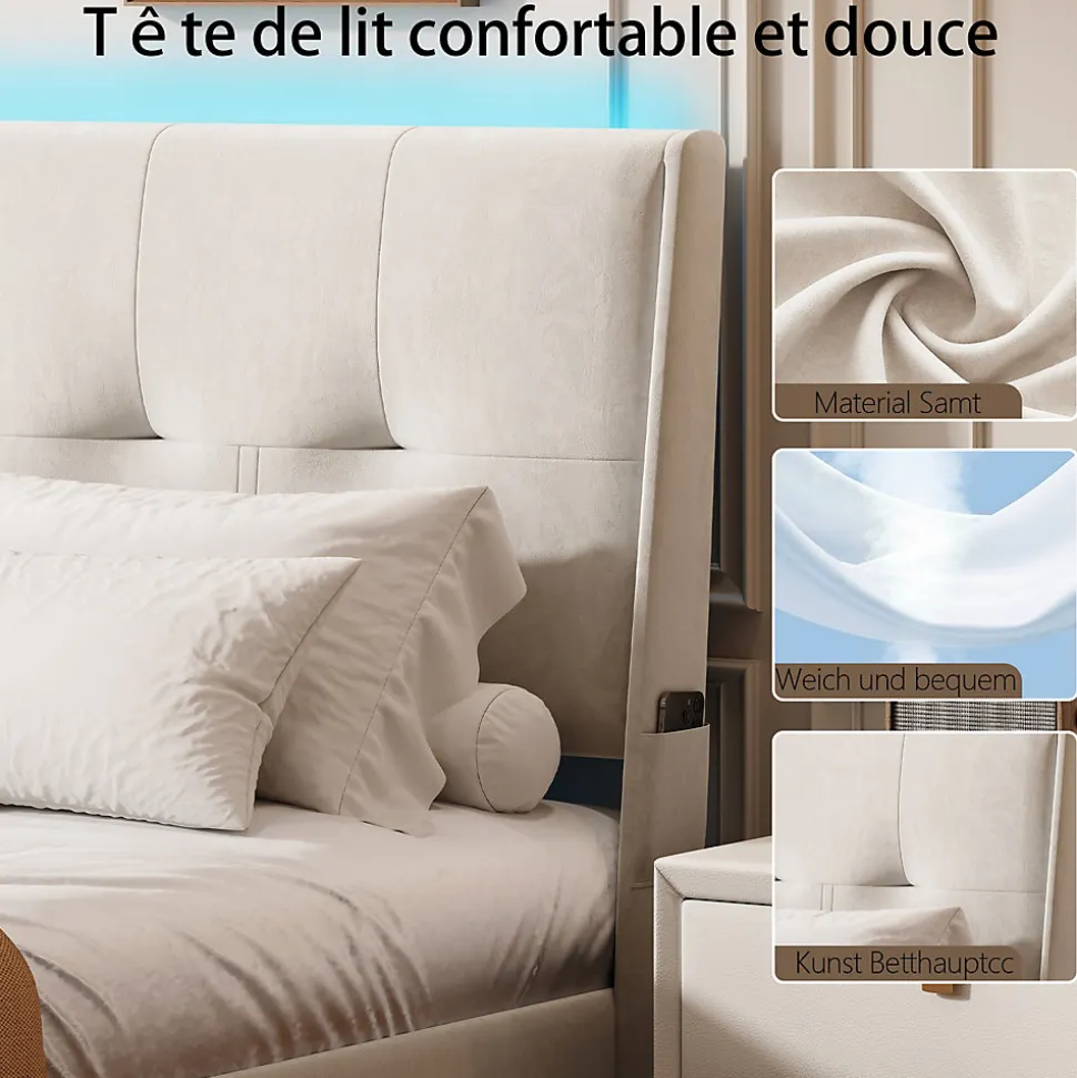 Lit double moderne 160x200 cm, tête de lit rembourrée, LED intégrées, rangement sous sommier, design minimaliste, beige.