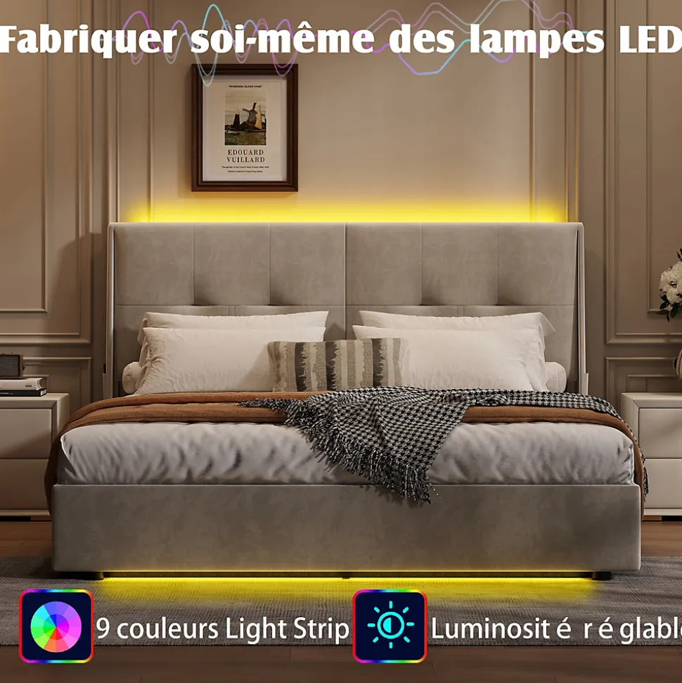 Lit double moderne 160x200 cm, tête de lit rembourrée, LED intégrées, rangement sous sommier, design minimaliste, beige.
