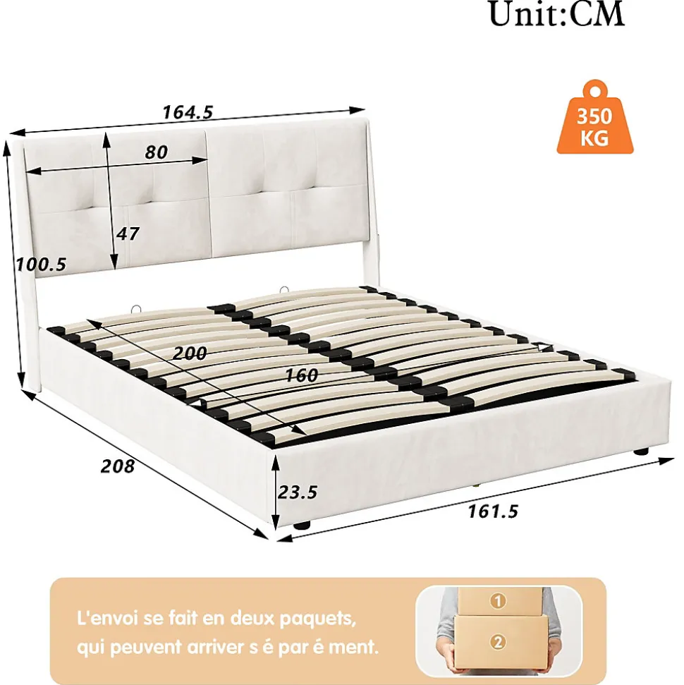 Lit double moderne 160x200 cm, tête de lit rembourrée, LED intégrées, rangement sous sommier, design minimaliste, beige.