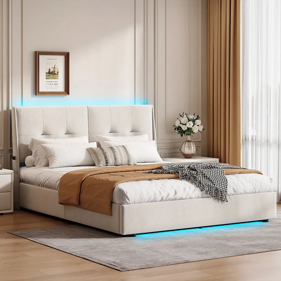 Lit double moderne 160x200 cm, tête de lit rembourrée, LED intégrées, rangement sous sommier, design minimaliste, beige.