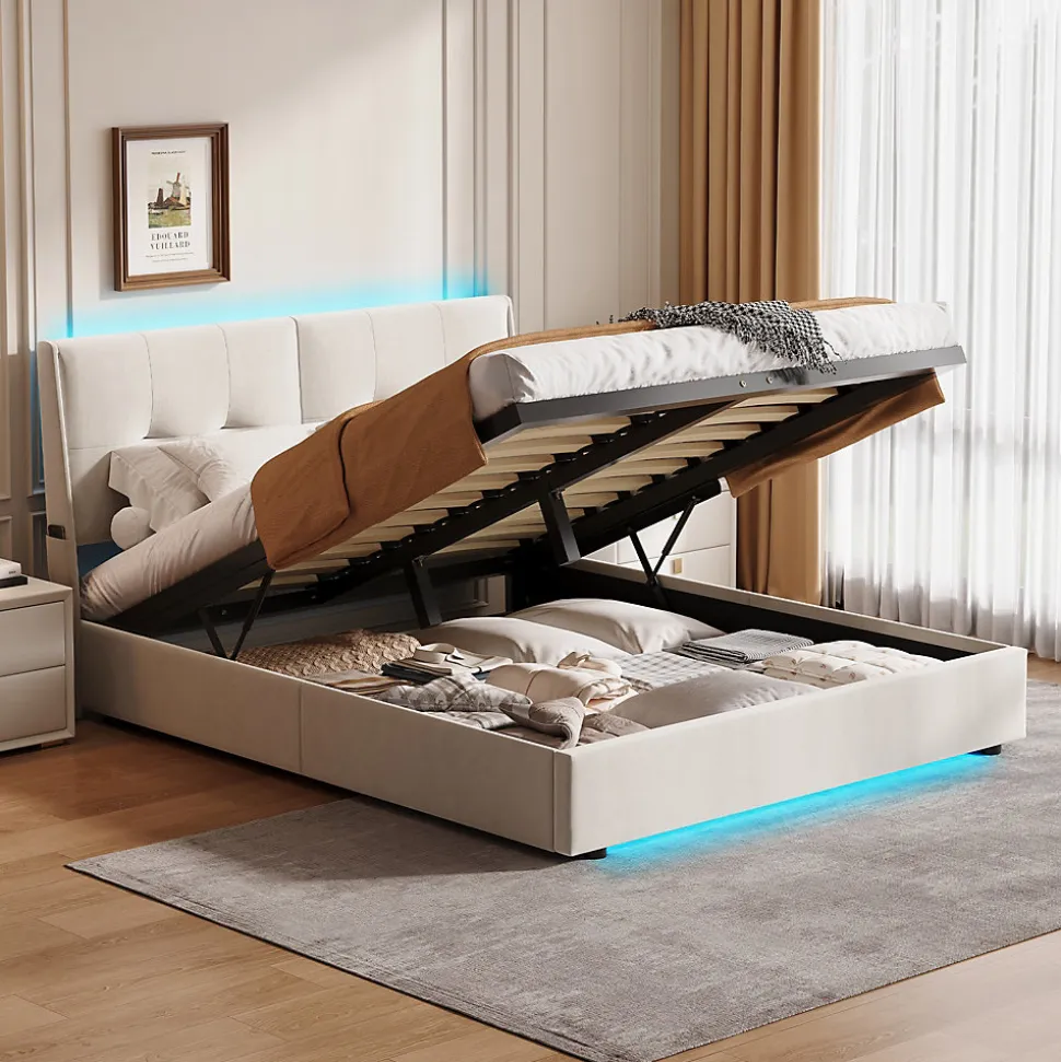 Lit double moderne 160x200 cm, tête de lit rembourrée, LED intégrées, rangement sous sommier, design minimaliste, beige.