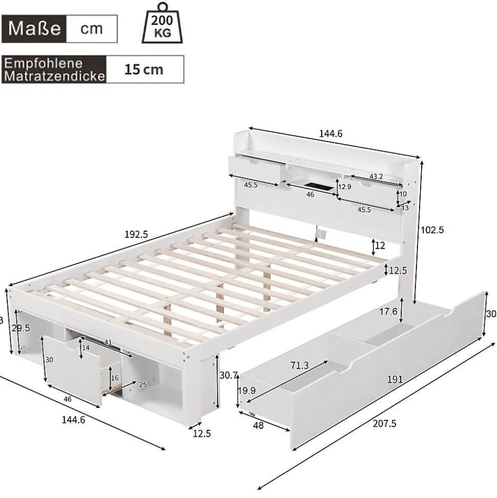 Lit Double Multifonction 140x190 cm, Lit Ado avec USB, Tiroirs et Armoire de Rangement, en Bois Pin, Blanc, Sans Matelas