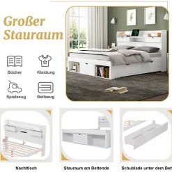 Lit Double Multifonction 140x190 cm, Lit Ado avec USB, Tiroirs et Armoire de Rangement, en Bois Pin, Blanc, Sans Matelas