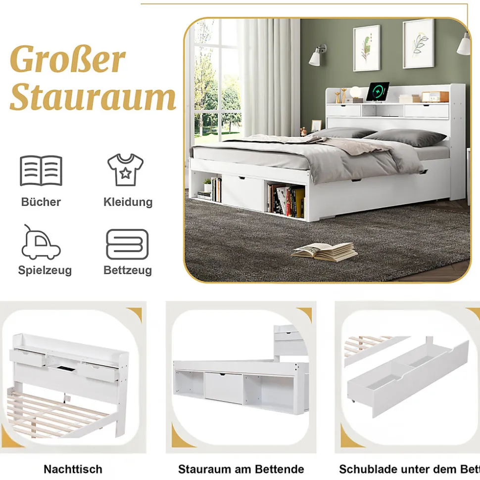 Lit Double Multifonction 140x190 cm, Lit Ado avec USB, Tiroirs et Armoire de Rangement, en Bois Pin, Blanc, Sans Matelas