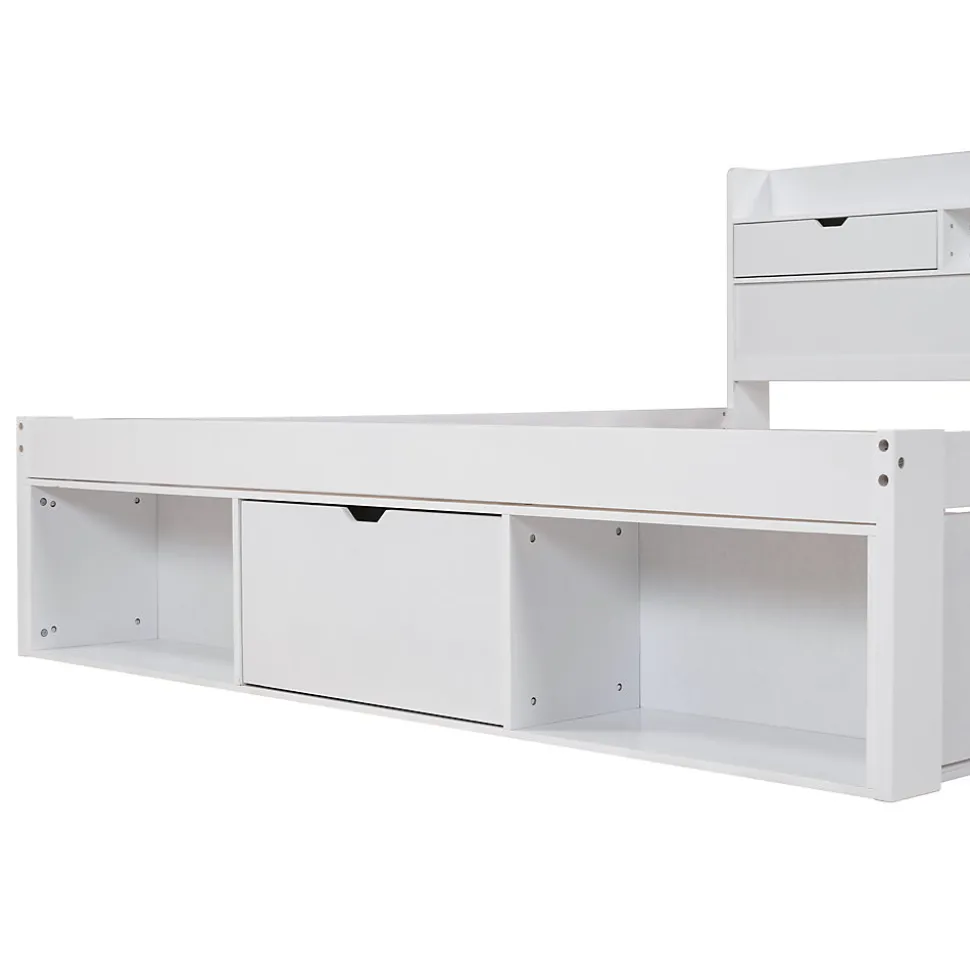 Lit Double Multifonction 140x190 cm, Lit Ado avec USB, Tiroirs et Armoire de Rangement, en Bois Pin, Blanc, Sans Matelas