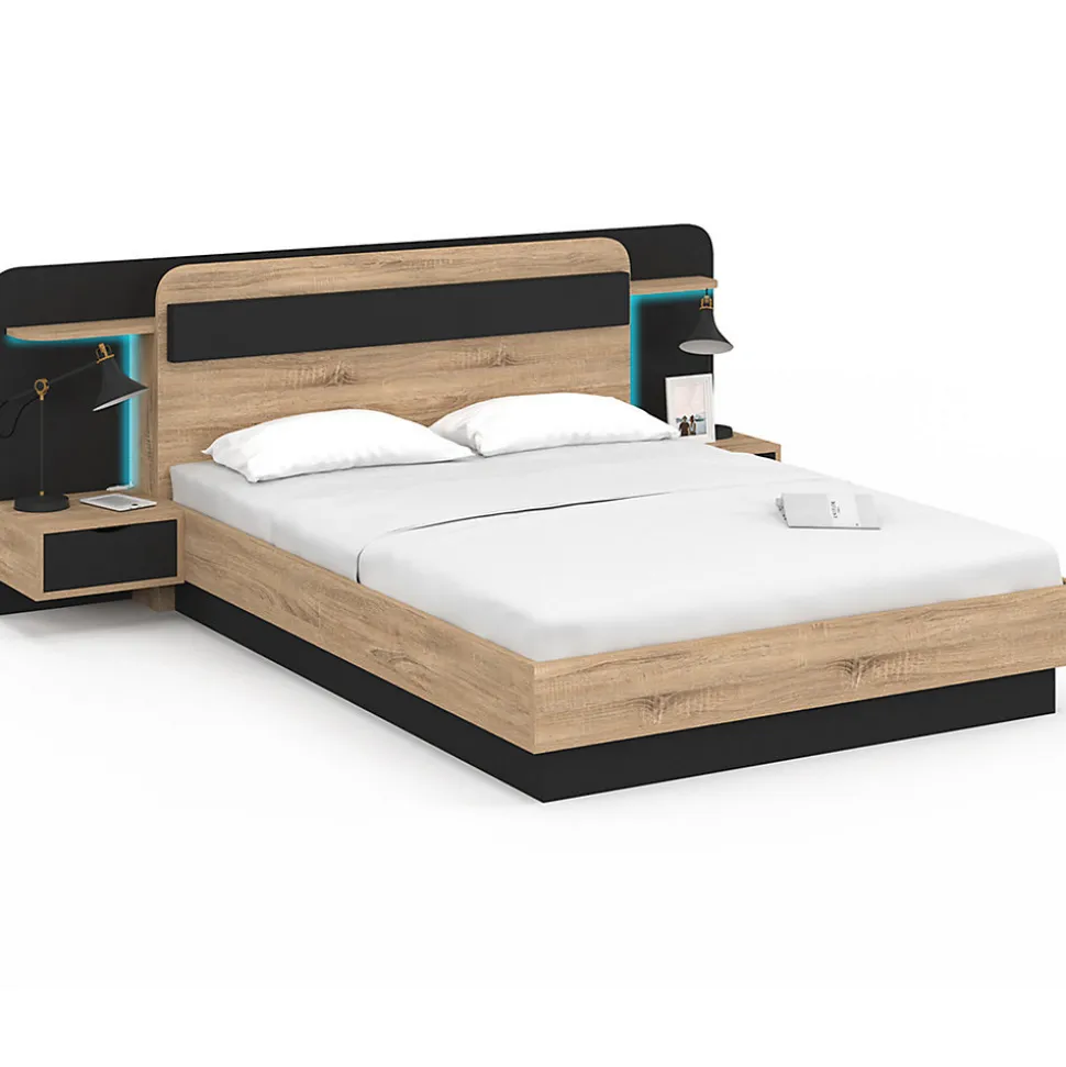 Lit double NATHAN 140 x 190 cm avec tête de lit, chevets suspendus, étagère, LED et sommier bois et noir