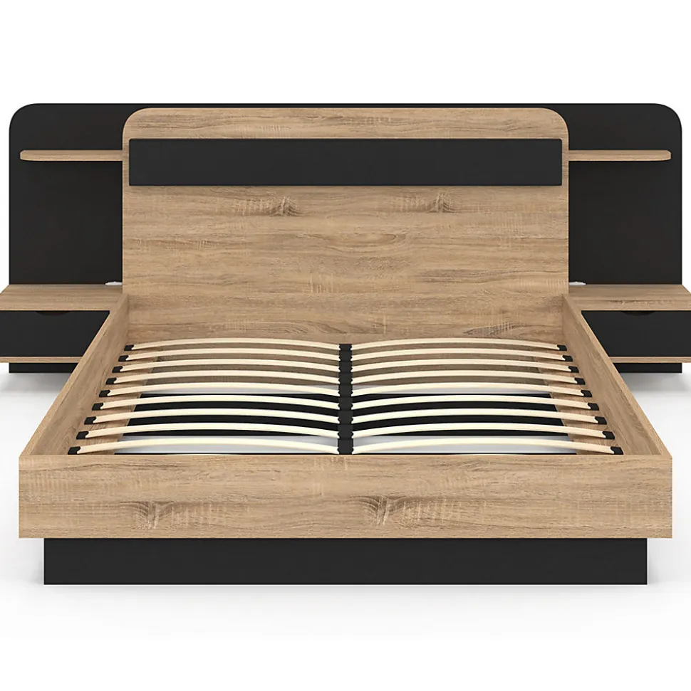 Lit double NATHAN 140 x 190 cm avec tête de lit, chevets suspendus, étagère, LED et sommier bois et noir