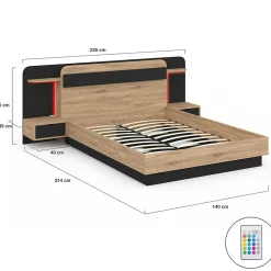 Lit double NATHAN 140 x 190 cm avec tête de lit, chevets suspendus, étagère, LED et sommier bois et noir