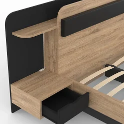 Lit double NATHAN 140 x 190 cm avec tête de lit, chevets suspendus, étagère, LED et sommier bois et noir