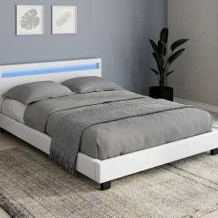 Lit double NEO avec tête de lit LED intégrées et sommier 140 x 190 cm PVC blanc