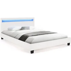 Lit double NEO avec tête de lit LED intégrées et sommier 140 x 190 cm PVC blanc