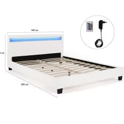 Lit double NEO avec tête de lit LED intégrées et sommier 140 x 190 cm PVC blanc