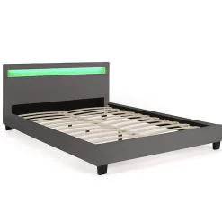 Lit double NEO avec tête de lit LED intégrées et sommier 140 x 190 cm PVC gris