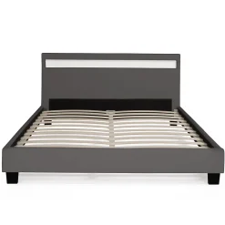 Lit double NEO avec tête de lit LED intégrées et sommier 140 x 190 cm PVC gris