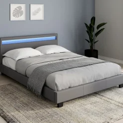 Lit double NEO avec tête de lit LED intégrées et sommier 140 x 190 cm PVC gris