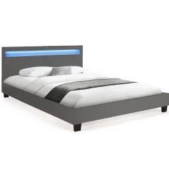 Lit double NEO avec tête de lit LED intégrées et sommier 140 x 190 cm PVC gris