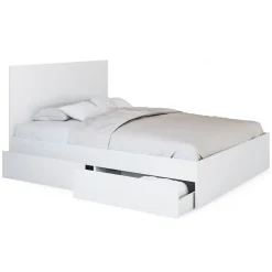 Lit double OMAHA 4 tiroirs sur roulettes avec tête de lit et sommier 140 x 190 cm blanc