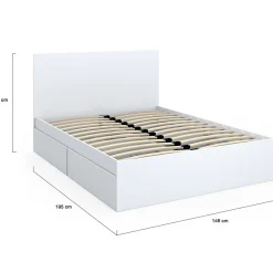 Lit double OMAHA 4 tiroirs sur roulettes avec tête de lit et sommier 140 x 190 cm blanc