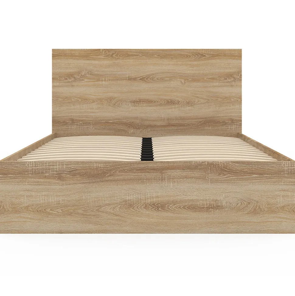 Lit double OMAHA 4 tiroirs sur roulettes avec tête de lit et sommier 140 x 190 cm façon hêtre