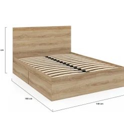 Lit double OMAHA 4 tiroirs sur roulettes avec tête de lit et sommier 140 x 190 cm façon hêtre