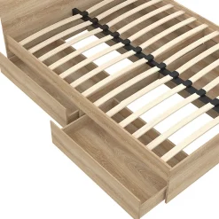 Lit double OMAHA 4 tiroirs sur roulettes avec tête de lit et sommier 140 x 190 cm façon hêtre