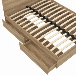 Lit double OMAHA 4 tiroirs sur roulettes avec tête de lit et sommier 140 x 190 cm façon hêtre