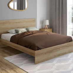 Lit double OMAHA avec tête de lit et sommier 160 x 200 cm façon hêtre