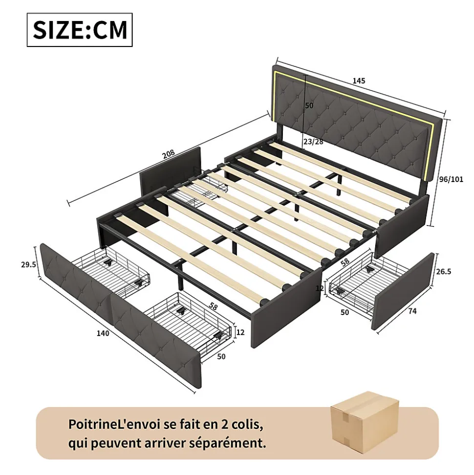 Lit double pour adultes, 140 x 200 cm, 4 tiroirs, rembourré, avec éclairage LED, sommier à lattes,Polyuréthanegris.