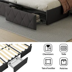 Lit double pour adultes, 140 x 200 cm, 4 tiroirs, rembourré, avec éclairage LED, sommier à lattes,Polyuréthanegris.