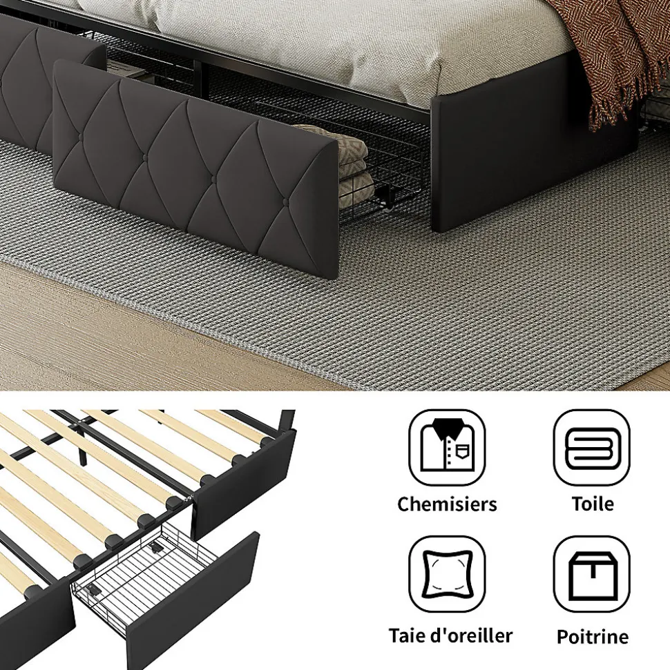Lit double pour adultes, 140 x 200 cm, 4 tiroirs, rembourré, avec éclairage LED, sommier à lattes,Polyuréthanegris.