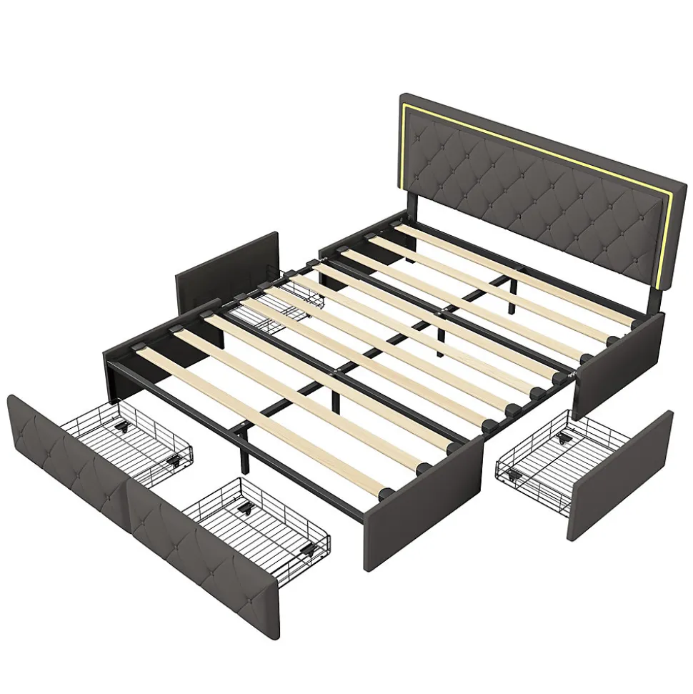 Lit double pour adultes, 140 x 200 cm, 4 tiroirs, rembourré, avec éclairage LED, sommier à lattes,Polyuréthanegris.