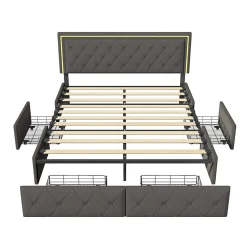 Lit double pour adultes, 140 x 200 cm, 4 tiroirs, rembourré, avec éclairage LED, sommier à lattes,Polyuréthanegris.