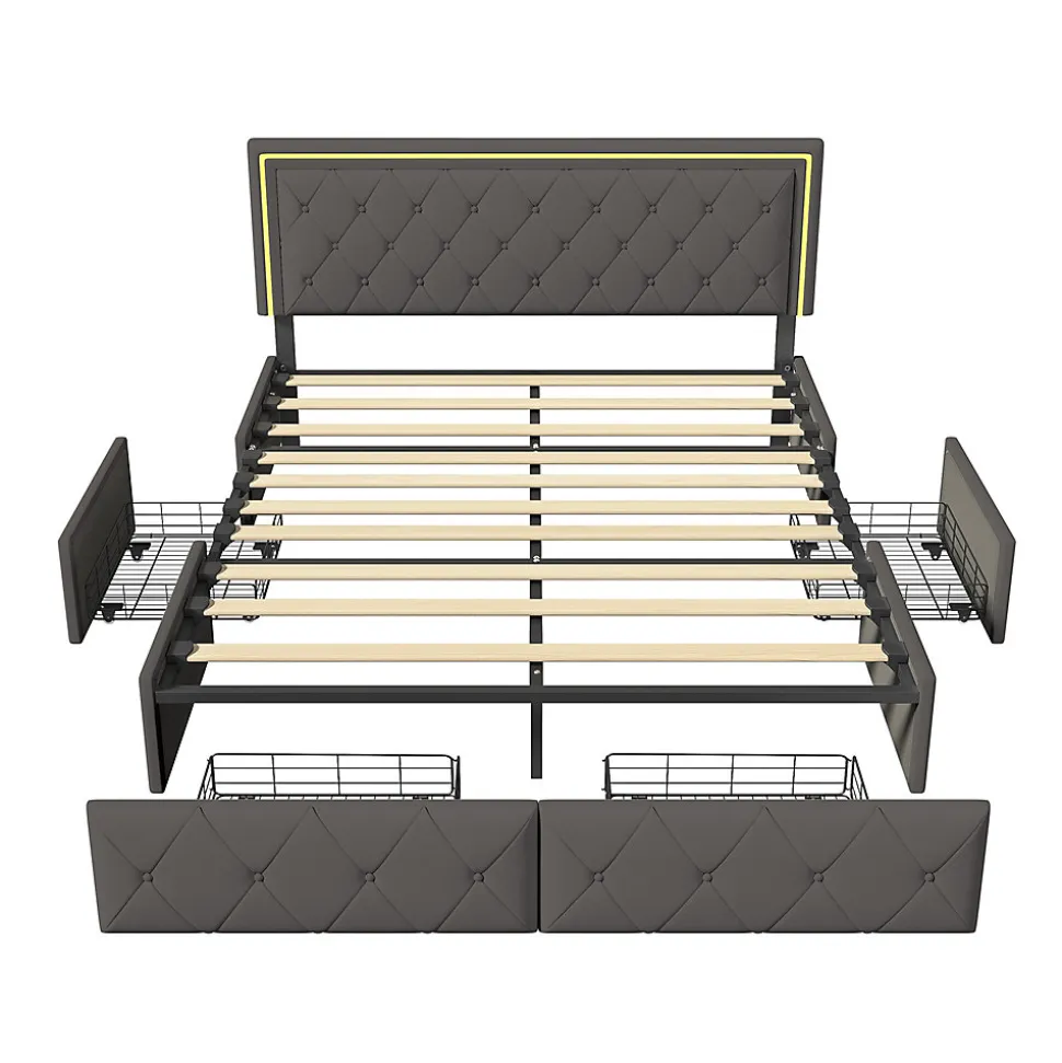 Lit double pour adultes, 140 x 200 cm, 4 tiroirs, rembourré, avec éclairage LED, sommier à lattes,Polyuréthanegris.