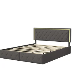 Lit double pour adultes, 140 x 200 cm, 4 tiroirs, rembourré, avec éclairage LED, sommier à lattes,Polyuréthanegris.