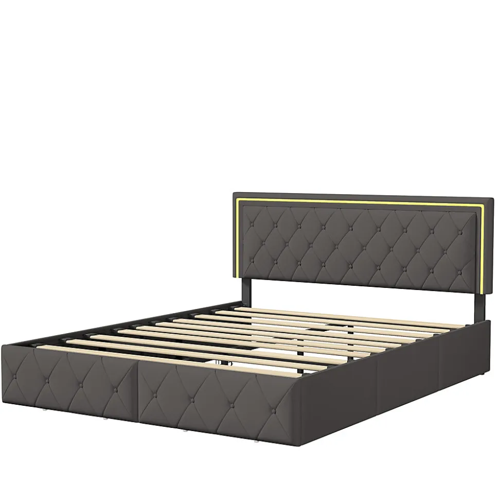 Lit double pour adultes, 140 x 200 cm, 4 tiroirs, rembourré, avec éclairage LED, sommier à lattes,Polyuréthanegris.