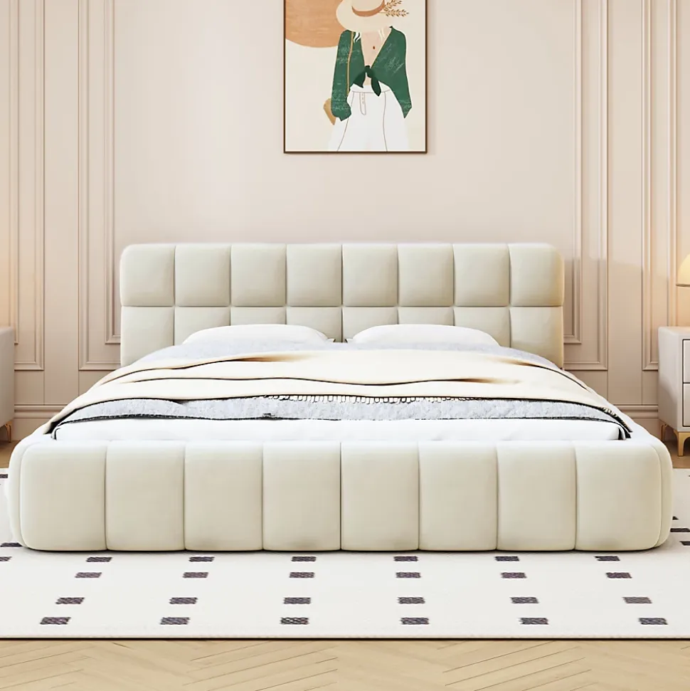 Lit Double Rembourré, à Bulles, 140 X 200 Cm, Avec Sommier à Lattes Et Dossier Souple, Lin, Beige