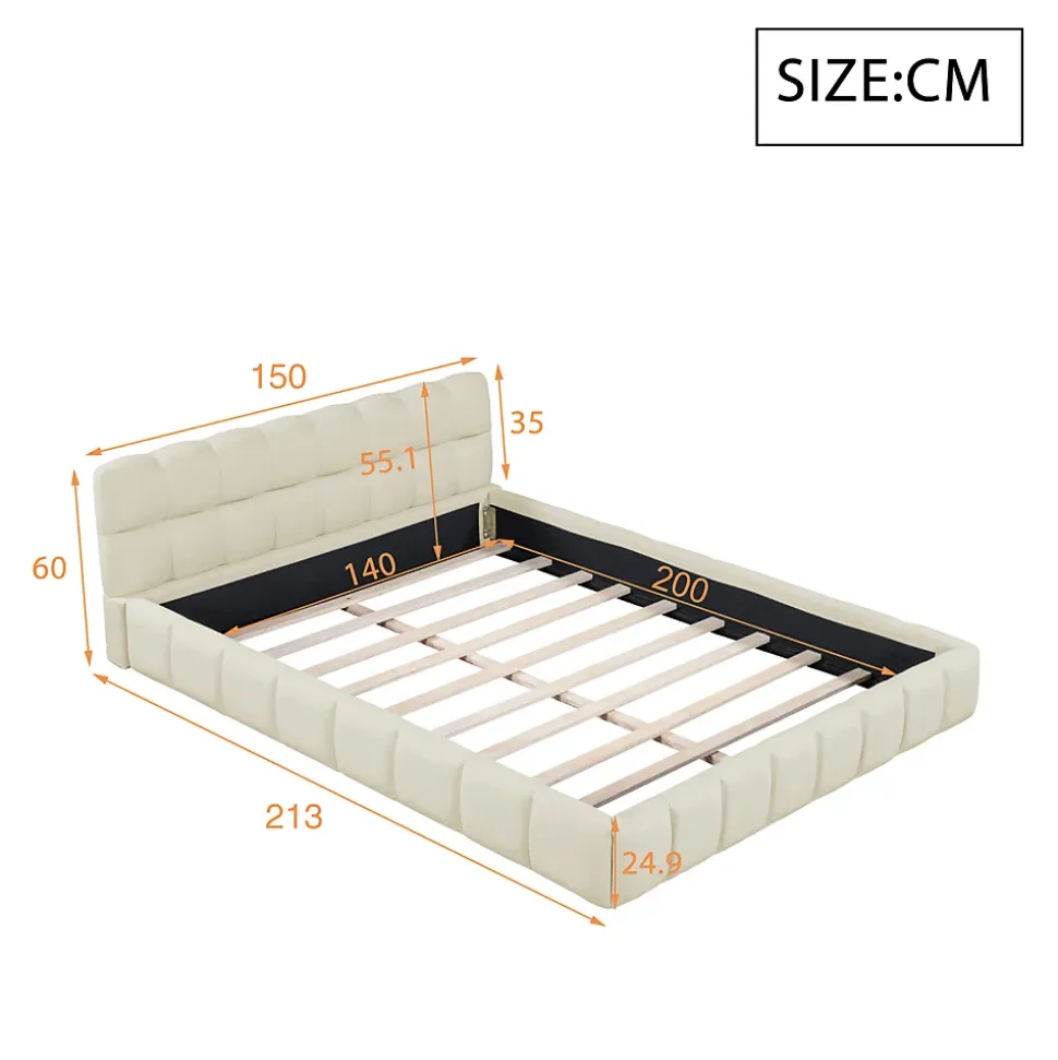 Lit Double Rembourré, à Bulles, 140 X 200 Cm, Avec Sommier à Lattes Et Dossier Souple, Lin, Beige