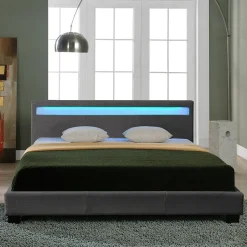 Lit Double Rembourré à LED Sommier à Lattes Polyester 140 x 200 cm Gris Foncé Corium