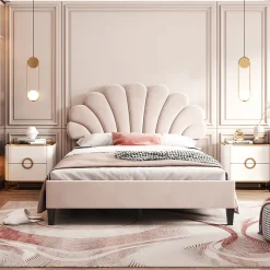 Lit double rembourré 140 sur 200 cm cadre avec tête de lit fleurie en velours doux lit adulte invité beige