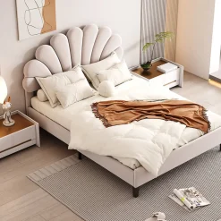 Lit double rembourré 140 sur 200 cm cadre avec tête de lit fleurie en velours doux lit adulte invité beige