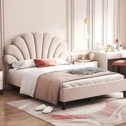 Lit double rembourré 140 sur 200 cm cadre avec tête de lit fleurie en velours doux lit adulte invité beige